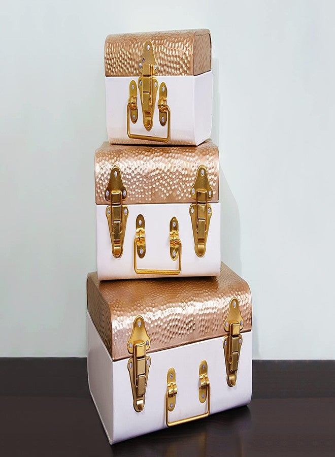 INDIAN ARTISANS Metal Trunk Gift Box Set of 3 - Golden & Ivory Hammered Design - Sizes 30, 25, 20cm - Improved Quality - Bridal Storage, Wedding Hamper, Decorative Jewelry Organizer, Metal Gift Boxes - Image 2